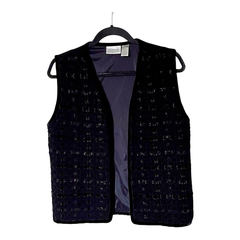 Chico's Travelers Black Open Front Basket Weave Vest with Trim Size 1 or Medium
